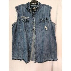 Harley Davidson Vest Shirt Men XL Cut Off Sleeveless Button Up Blue‎ Denim